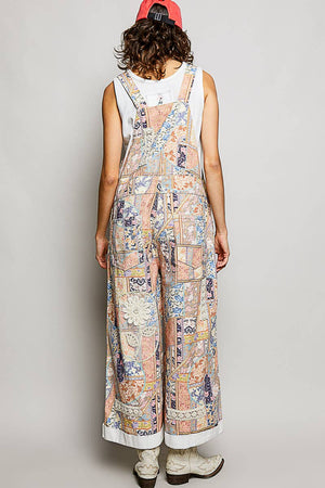 Floral Crochet Pearl Patch Roomy Fit Twill Overalls