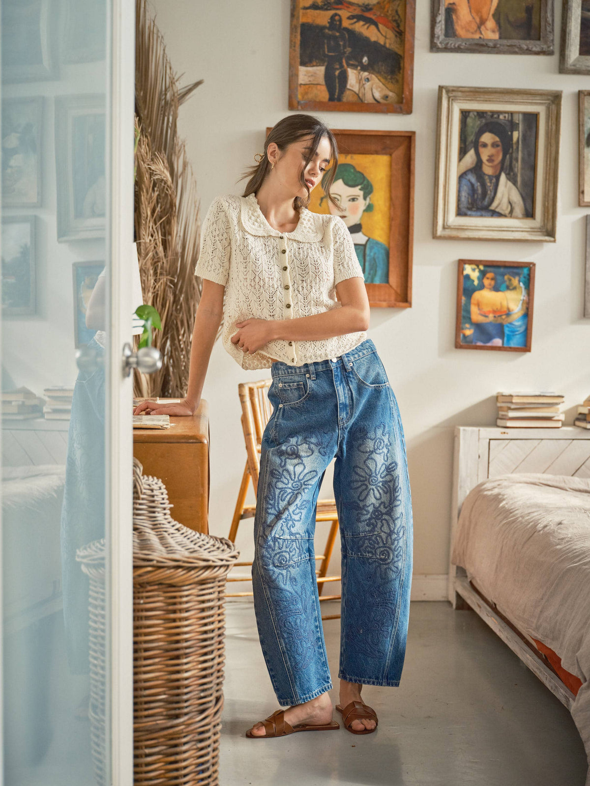 Embroidered Detail Cotton Barrel Pants
