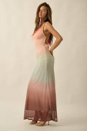 Ombre Mesh Draped Open-Back Maxi Dress