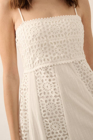 White Crochet Lace and Crepe Paneled Maxi Dress