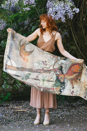 Lovelight Scarf with woodland deer, swallow & poetry