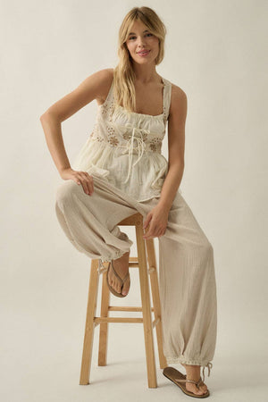 Floral-Embroidered Tie-Front Peplum Peasant Tank Top