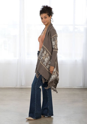 Western Floral Knit Fringe Trim Cardigan