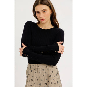 Fitted Ribbed Knit Top with Button Detail Sleeves