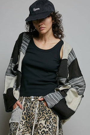 Cropped Patchwork Open-Front Cardigan
