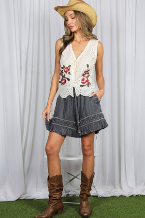 Ladder Trim Ruffle 100%Tencel Chambray Denim Shorts VP83201
