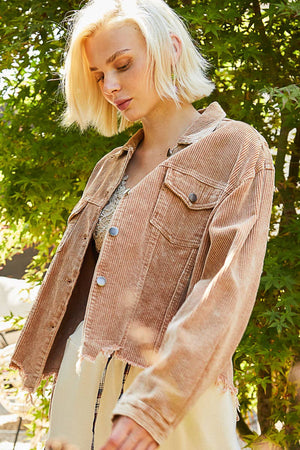 Pocket front button down distressed hem corduroy jacket