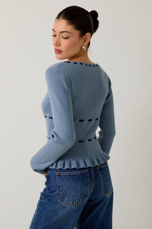 Blue Ribbed Bow Cardigan Sweater