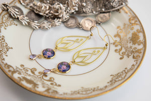 Periwinkle Dusk Art Nouveau Brass Earrings
