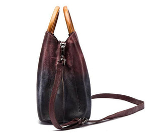 Gradient Leather Handbag with Wooden Handle and Strap