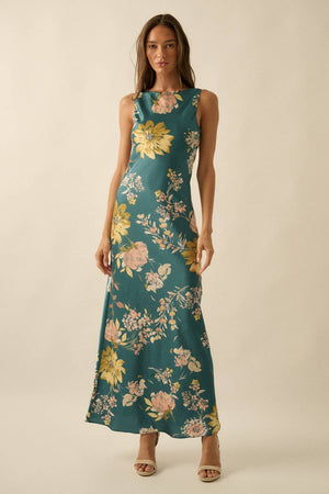 Teal Floral-Print Satin Bias-Cut Cowl-Back Maxi Dress
