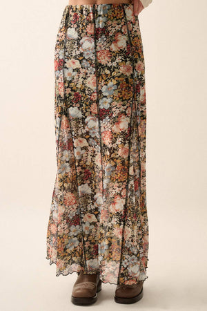 Floral Mesh Inverted Seam Maxi Skirt