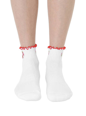 Strawberry Ruffle Grip Ankle Socks – White