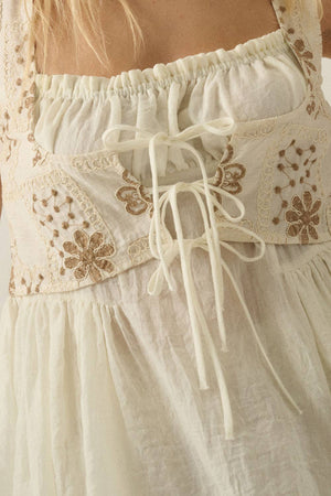 Floral-Embroidered Tie-Front Peplum Peasant Tank Top