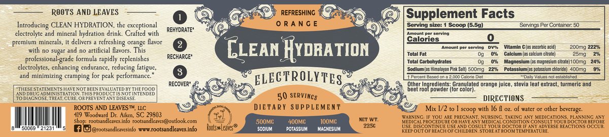 Clean Hydration Electrolytes- Orange- 50 to 100 servings