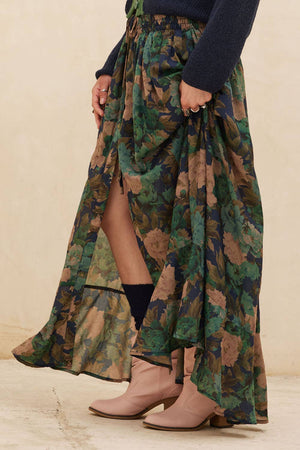 Floral-Print Drawstring Button-Front Maxi Skirt