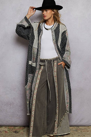 Long sleeve patchwork contrast denim duster