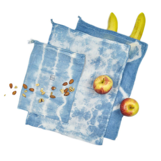 Reusable Cotton Produce Bags, Set of 3, Tie-Dye Indigo