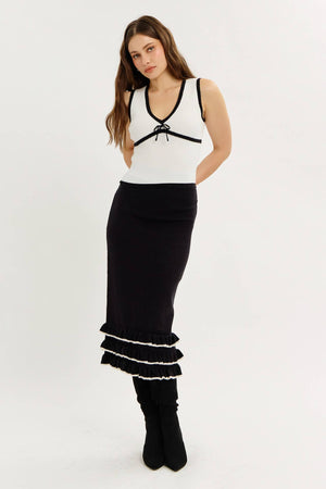 TIERED RUFFLE MIDI SWEATER SKIRT WITH BACK SLIT