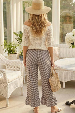 Gingham Casual Ruffled Hem 100%Cotton Cropped Pants VP83379A