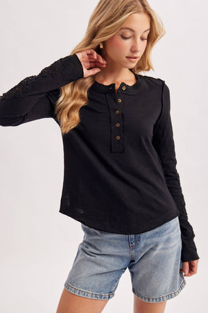Crochet Patch Sleeve Half-Button Top