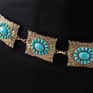 Ornate Western Turquoise Cluster Square Concho Chain Belt