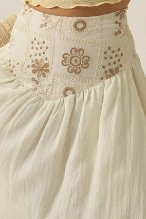 Floral-Embroidered Drop-Waist Yoke Maxi Skirt