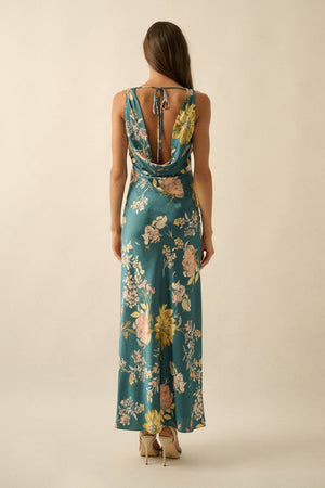 Teal Floral-Print Satin Bias-Cut Cowl-Back Maxi Dress