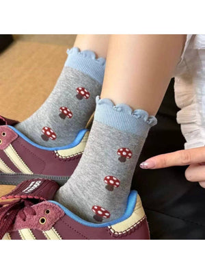 Rufia - Mushroom Print Ruffle Crew Sock