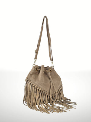 Emanuela Suede Leather Fringe Bag - Gray