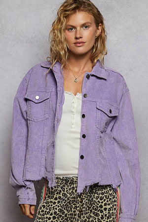 Pocket front button down distressed hem corduroy jacket