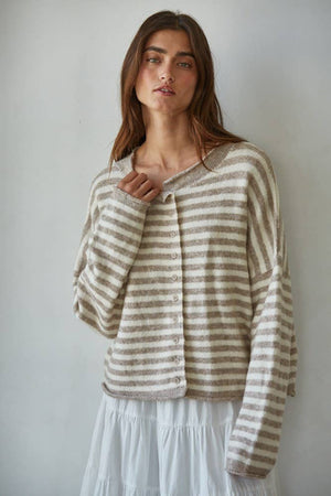 Blue and White Striped Button Down Knit Cardigan