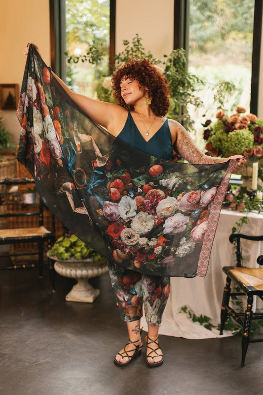 Flight of Fancy Floral Scarf with Hummingbirds Print