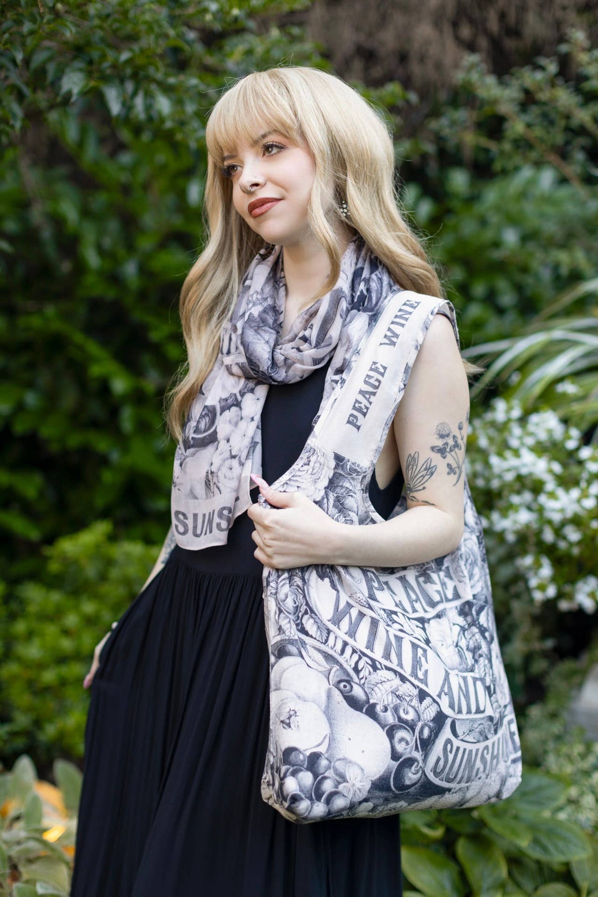 Peace Wine & Sunshine Floral Boho Linen Tote Bag, Blush