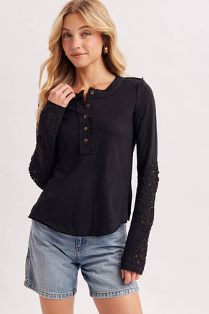 Crochet Patch Sleeve Half-Button Top