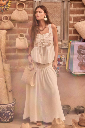 Floral-Embroidered Drop-Waist Yoke Maxi Skirt