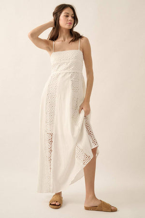White Crochet Lace and Crepe Paneled Maxi Dress