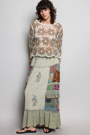 Print Patch Vintage Washing Ruffle Long Skirt