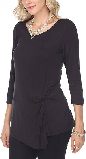 Women 3/4 Long Sleeve V Neck Twisted Knot Casual Top Black