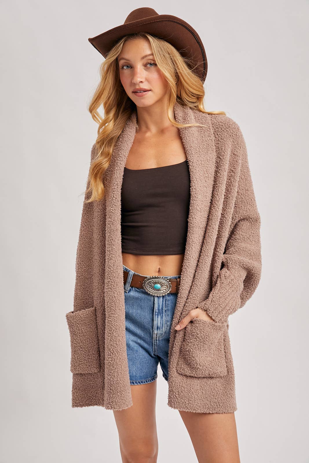 Open Front Blanket Wrap Boucle Knit Cardigan