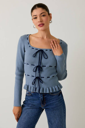 Blue Ribbed Bow Cardigan Sweater