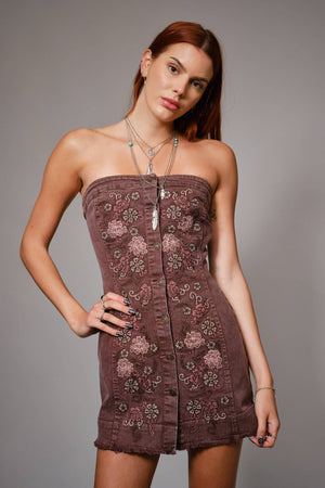 Embroidered Button Up Tube Denim Dress