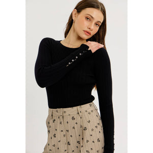 Fitted Ribbed Knit Top with Button Detail Sleeves