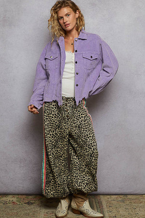 Pocket front button down distressed hem corduroy jacket