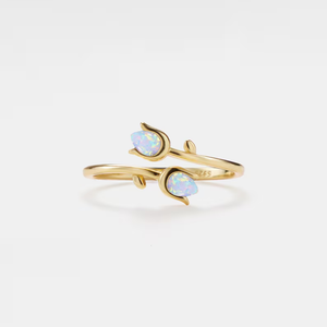 Dainty Opal Tulip Flower Bypass Ring in 925 Sterling Silver