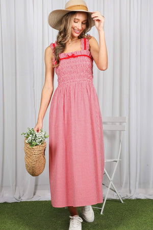 Velvet Trim Strap 100% Cotton Gingham Midi Dress VD83286
