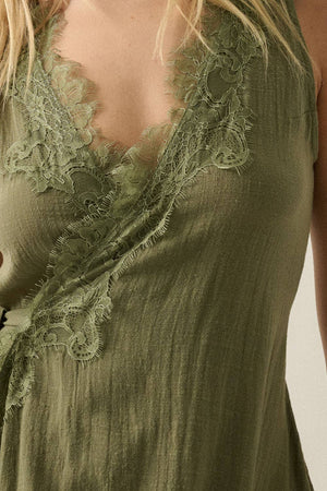 Lace-Trimmed Cotton Gauze Sleeveless Wrap Maxi Dress