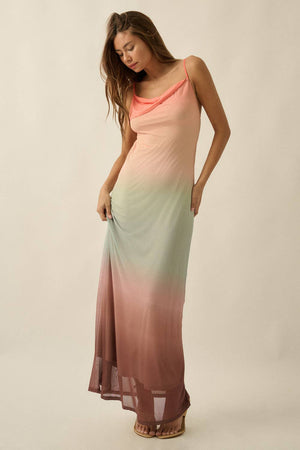 Ombre Mesh Draped Open-Back Maxi Dress