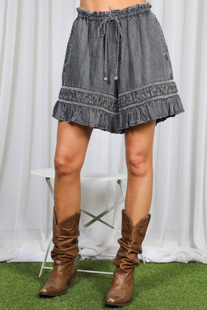Ladder Trim Ruffle 100%Tencel Chambray Denim Shorts VP83201