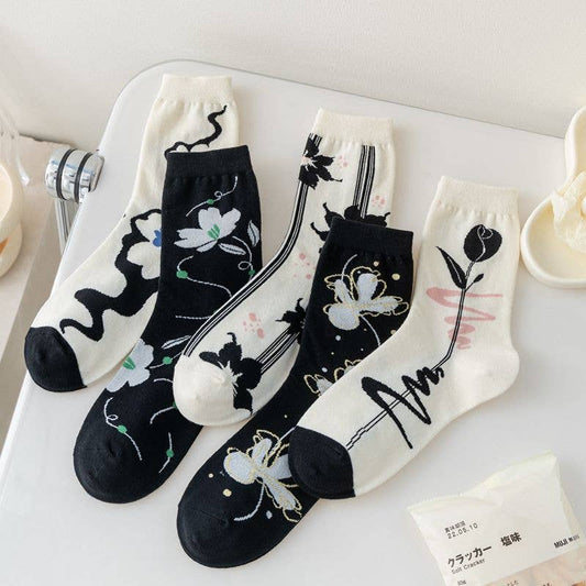 Black and White Floral Patterned Socks